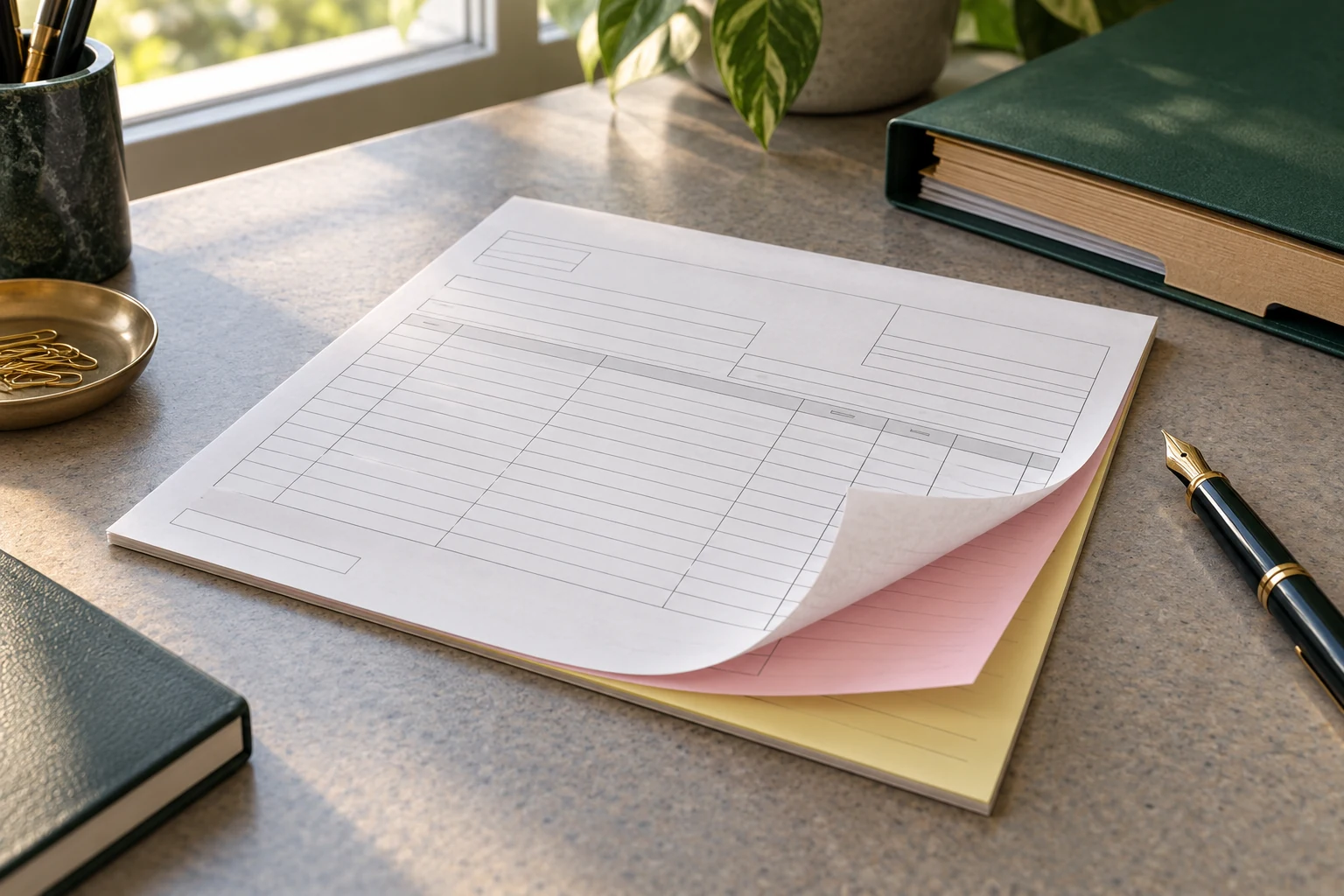 white, pink and yellow business-form set on a document desk
