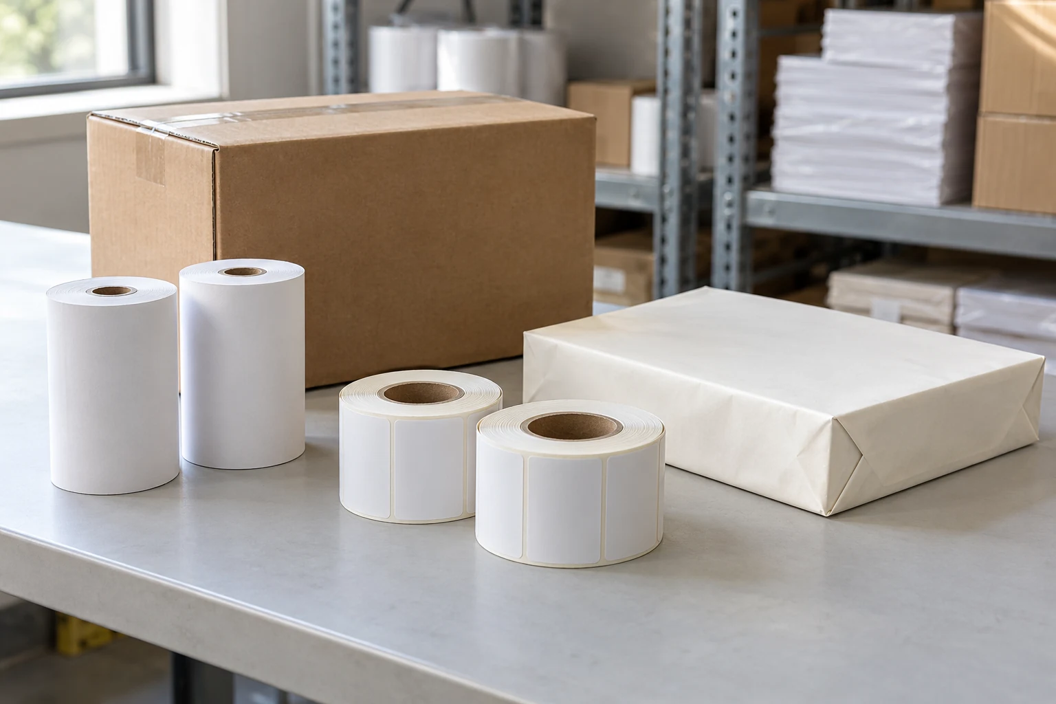 mixed wholesale assortment of receipt rolls, label rolls and wrapped copy paper