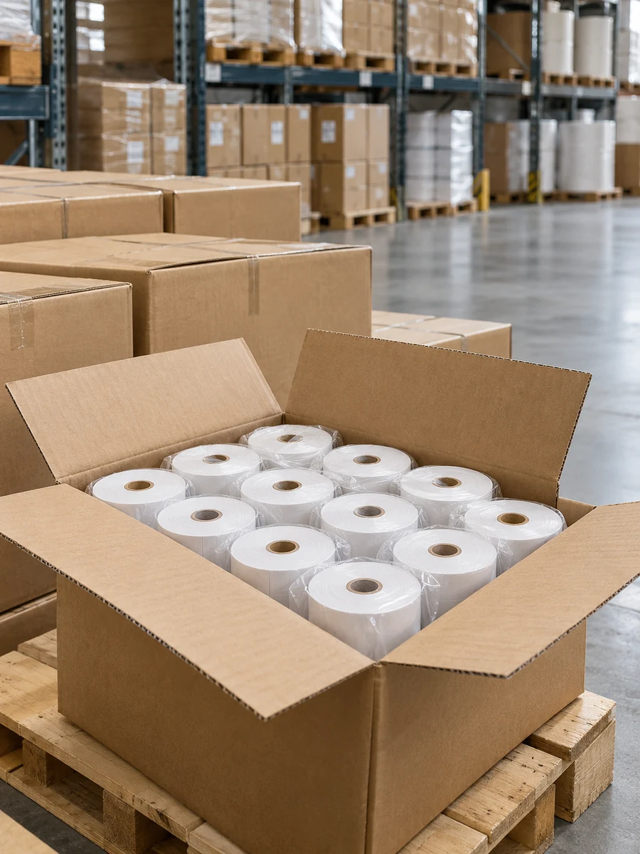 paper distributor stockroom with an open carton of receipt paper rolls