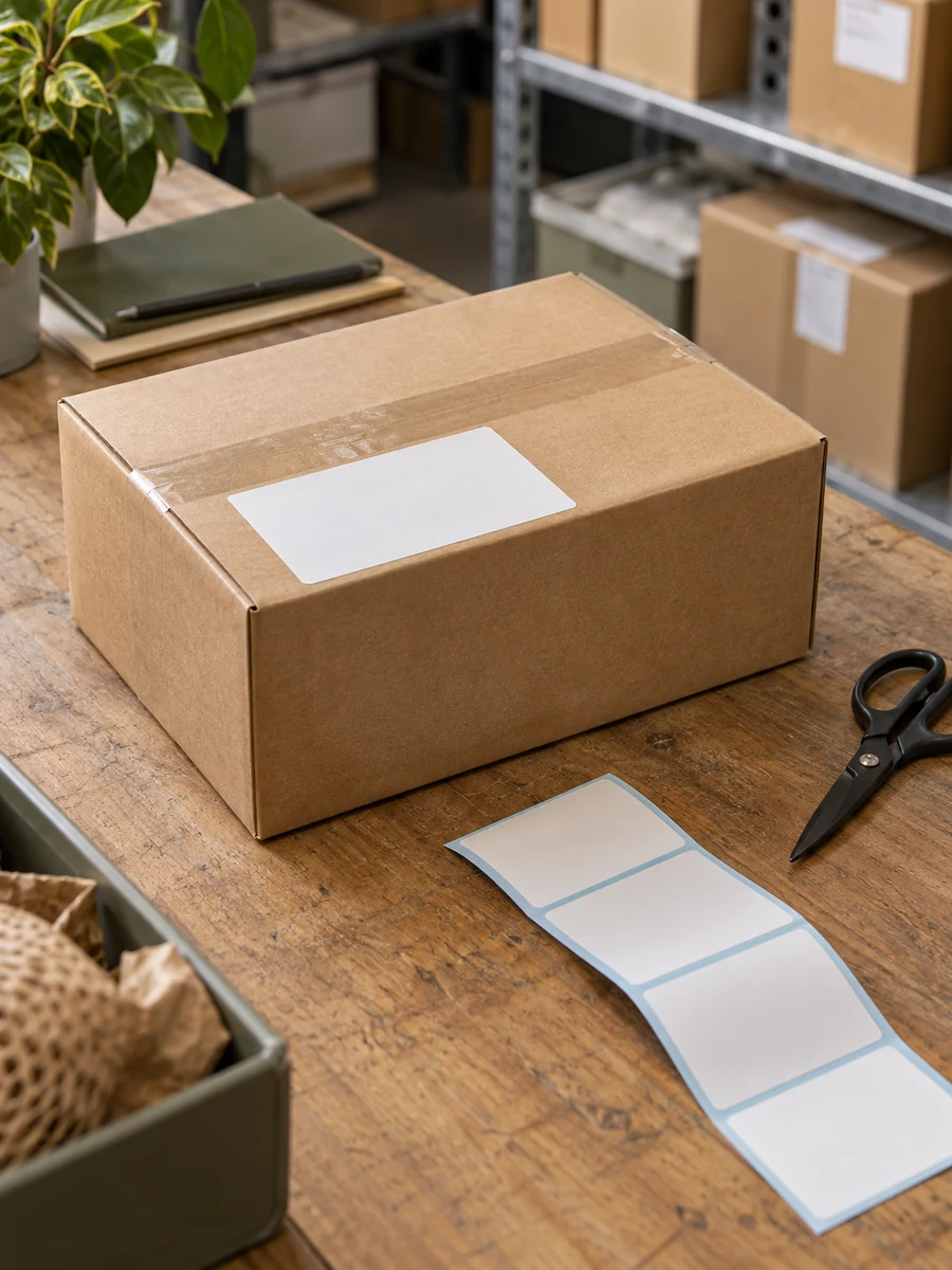 shipping label on a parcel at a warehouse packing station