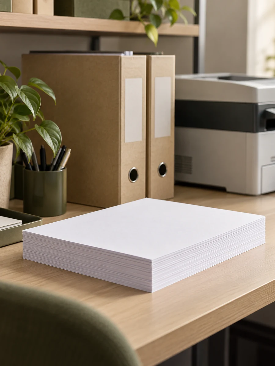 office workspace with a white copier paper stack, printer and document folders