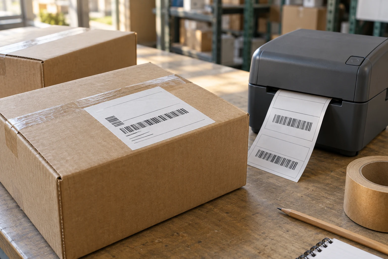 parcel packing station with a shipping label printer and labelled kraft carton