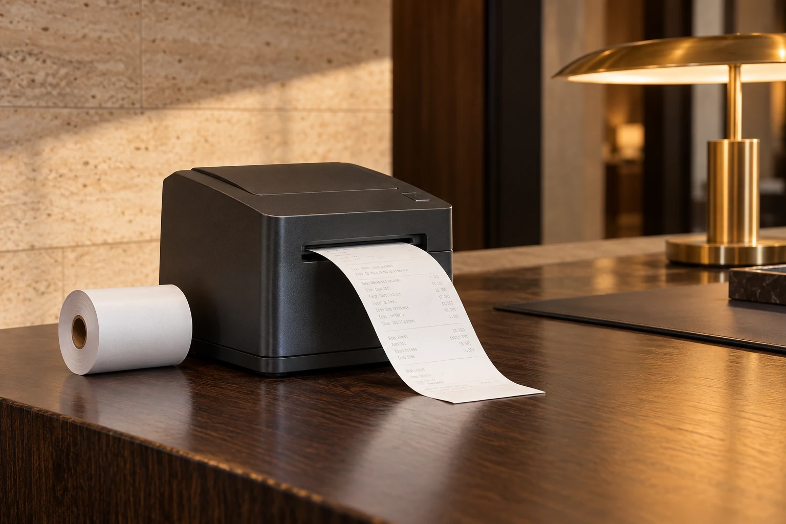 hotel reception counter with a thermal receipt printer and a spare paper roll