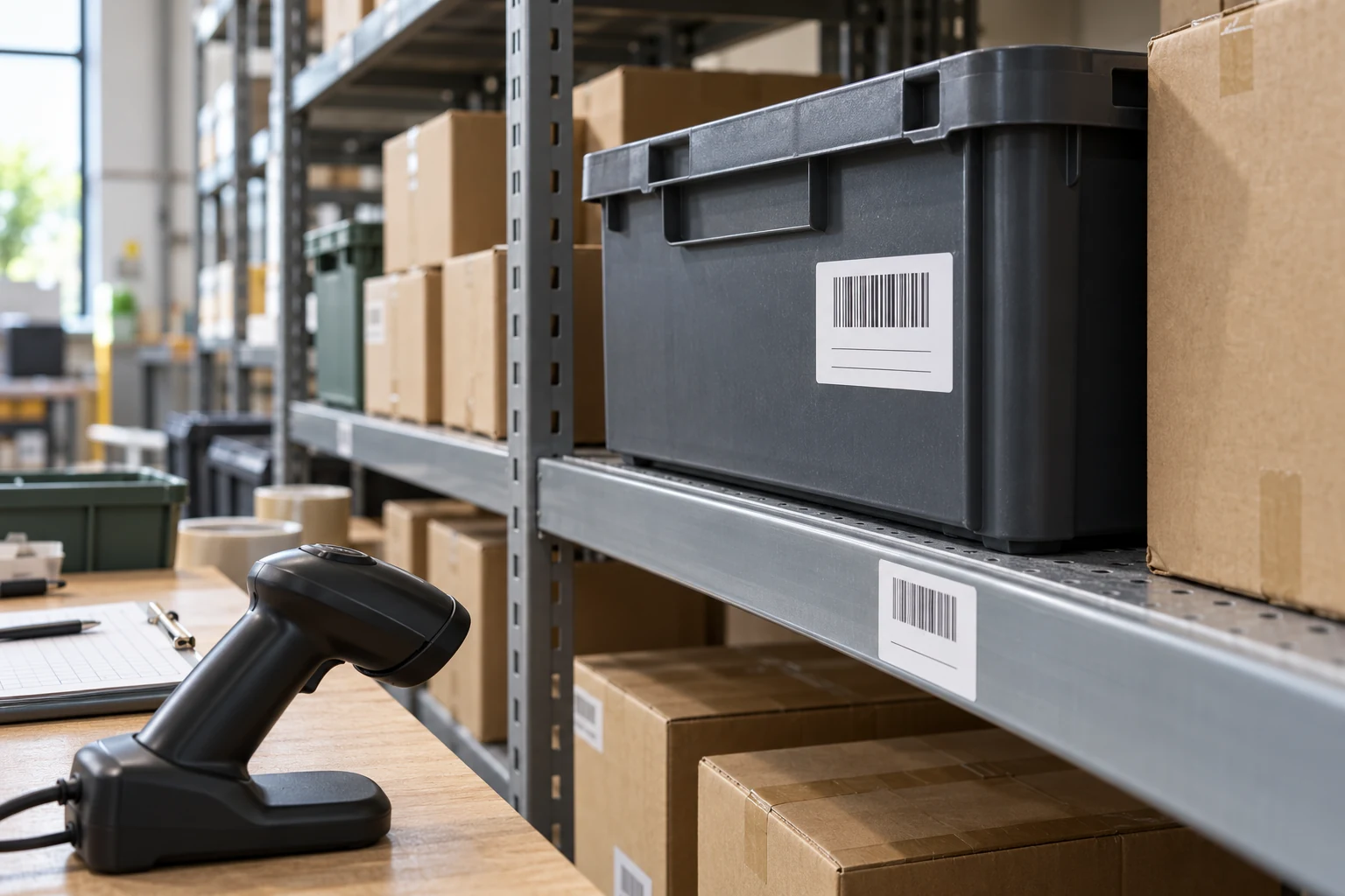 warehouse tote and shelf identification labels beside a barcode scanner