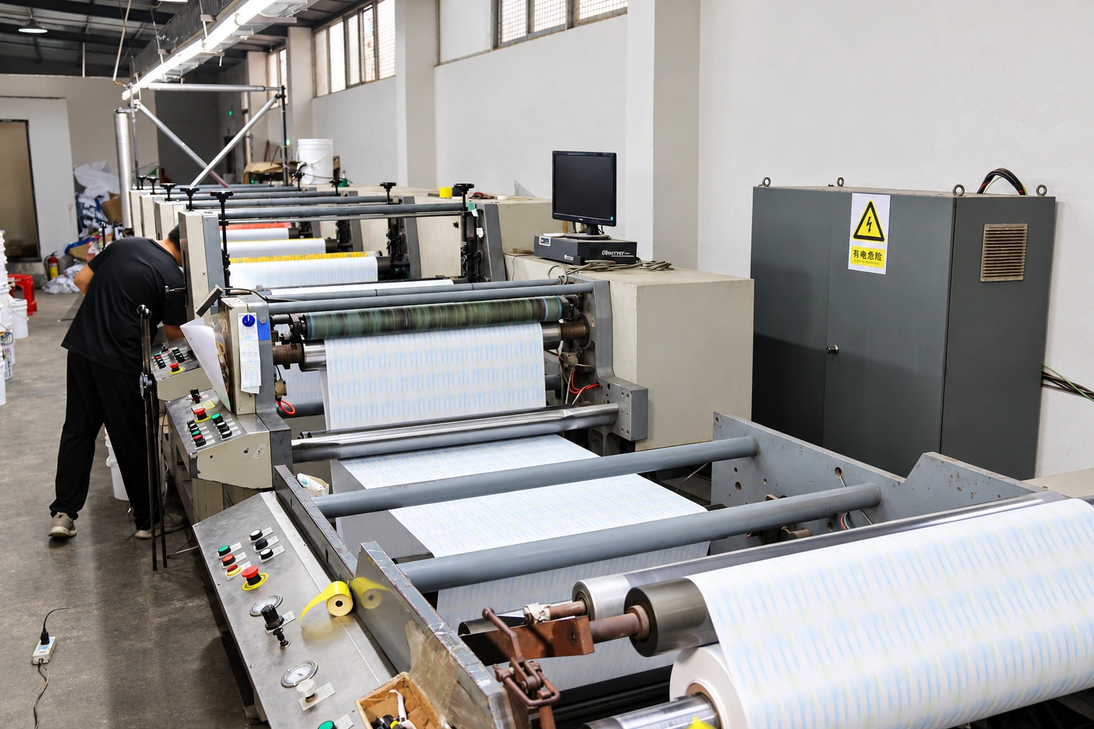 Receipt-paper printing line with paper web feeding through the machine