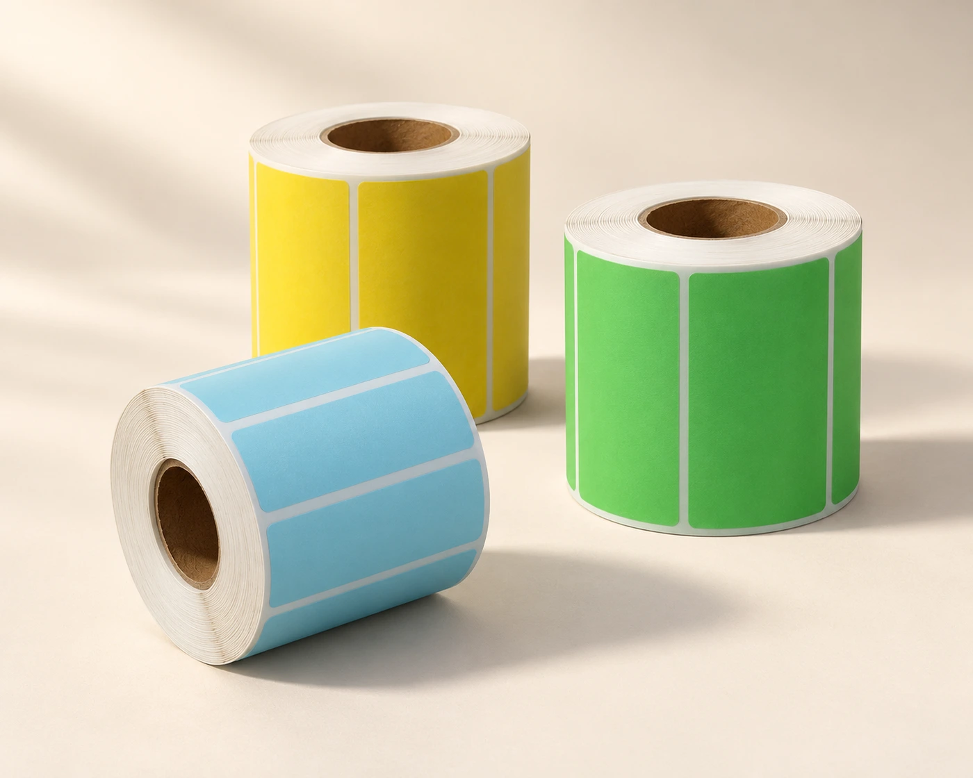 Cyan, yellow and green die-cut label rolls arranged on a studio surface