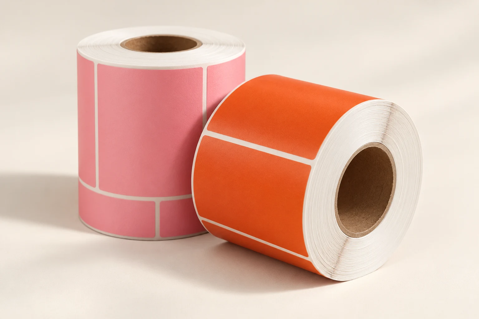 Pink and orange die-cut label rolls with white liner gaps and cardboard cores