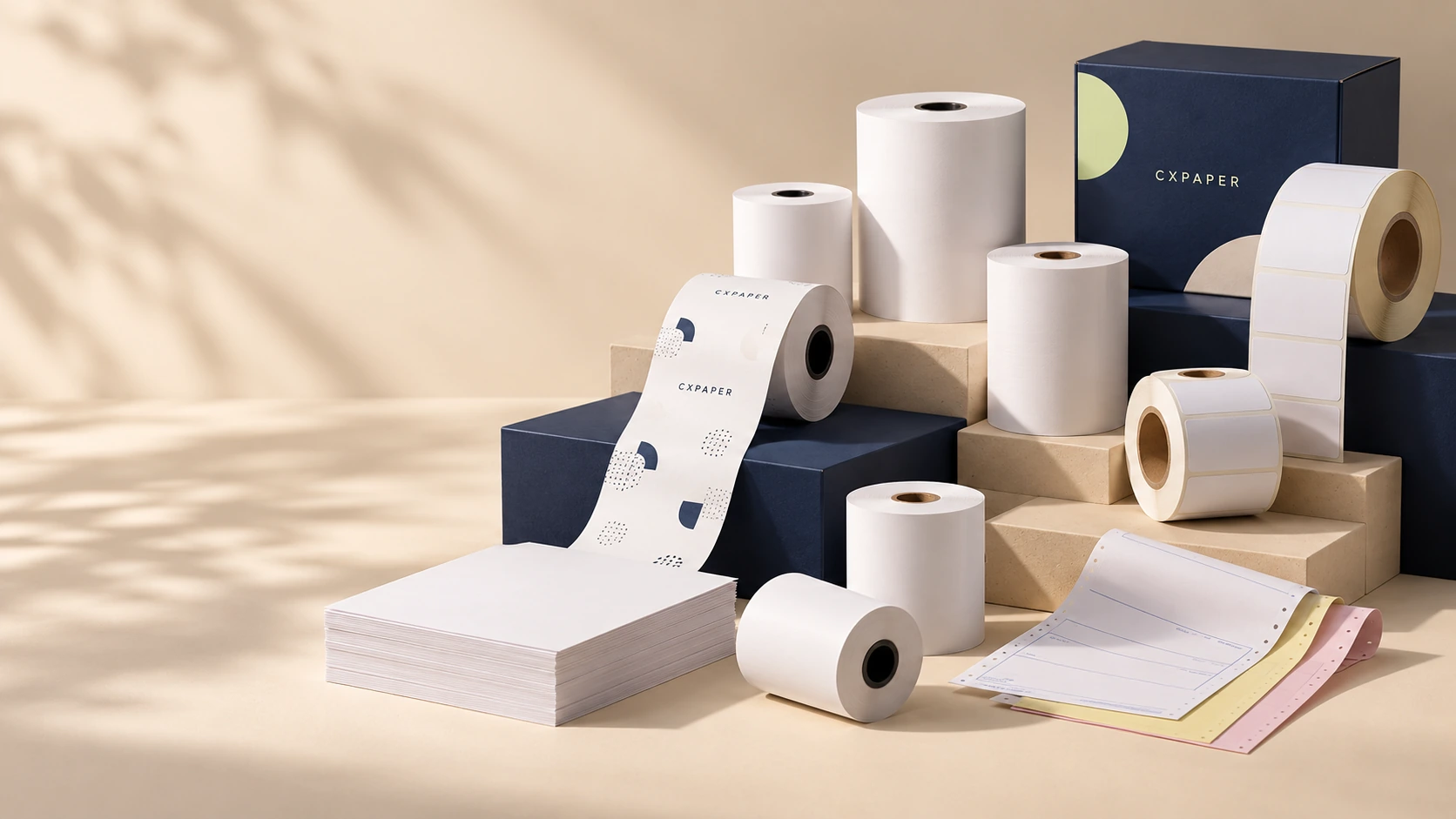 Custom-printed thermal receipt rolls, die-cut labels, office sheets, carbonless forms and branded packaging arranged on cream and navy plinths